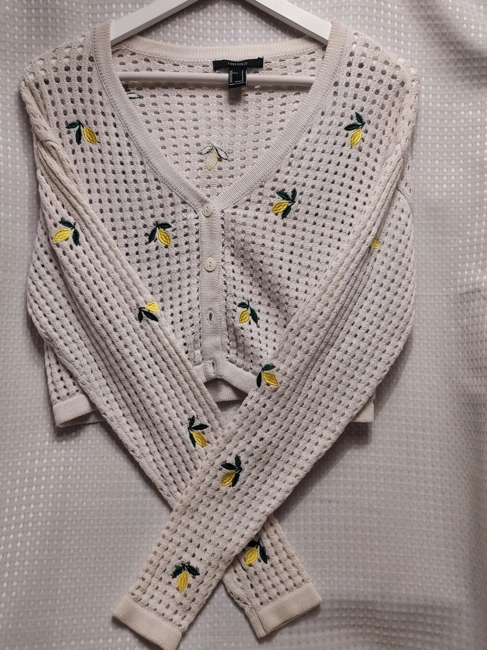 Forever 21 Cream Cropped V-Neck Cardigan with Yellow Lemon Embroidery